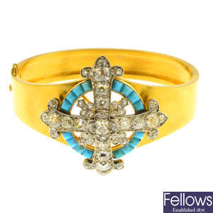 A late Victorian gold, diamond and turquoise hinged bangle.