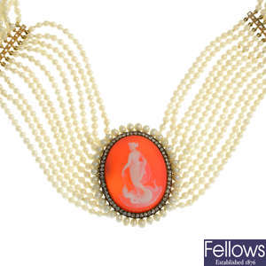 A gold carnelian cameo, cultured pearl and diamond choker necklace.