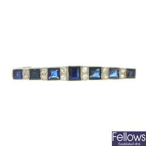 An early 20th century sapphire and diamond bar brooch.