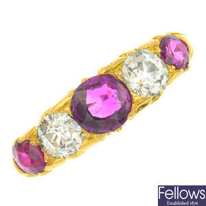 An early 20th century 18ct gold ruby and diamond five-stone ring.
