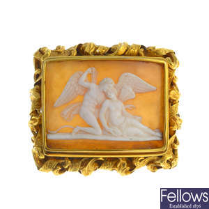 An early Victorian 18ct gold shell cameo brooch, depicting Eros and Psyche.