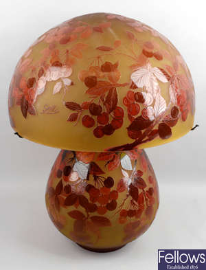 A large reproduction Galle Art Nouveau style overlaid and cut glass table lamp.