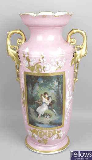 A late 19th century French porcelain two handled vase.