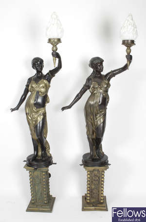 Two reproduction bronze figural standing lamps.