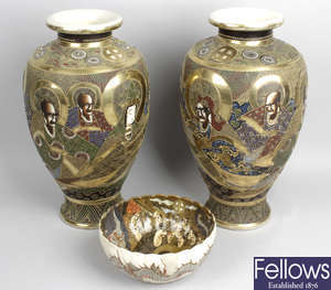 A pair of early 20th century Satsuma pottery vases and bowl, together with a similar bowl.