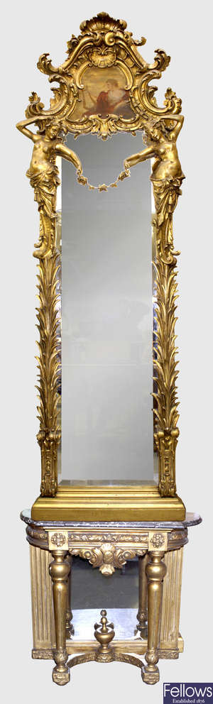 An impressive, late 19th century gesso and carved gilt wood pier mirror.