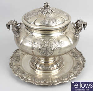 A decorative twin-handled tureen & cover.