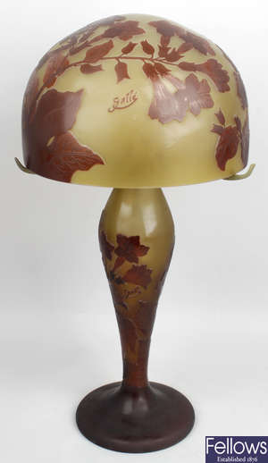 A reproduction Galle Art Nouveau overlaid and cut glass table lamp.