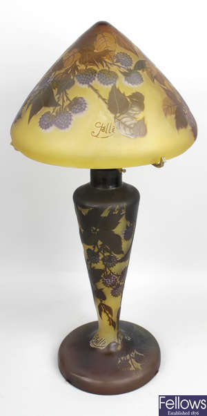 A reproduction Galle Art Nouveau style overlaid glass table lamp.
