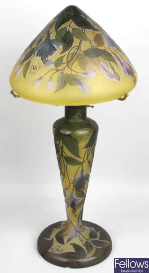 A reproduction Galle Art Nouveau style overlaid, cut and etched glass table lamp.