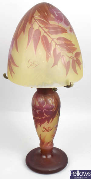 An early 20th century Galle Art Nouveau overlaid cameo glass table lamp.