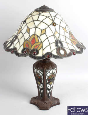 A collection of reproduction Tiffany lead glazed glass table lamps.