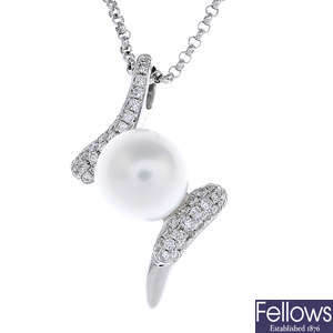 An 18ct gold cultured pearl and diamond pendant, with chain.