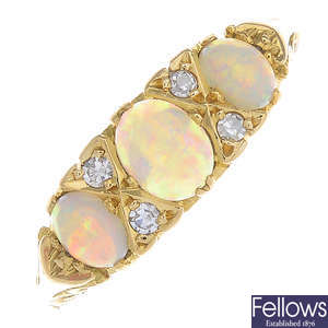 A 1970s 18ct gold opal and diamond dress ring.