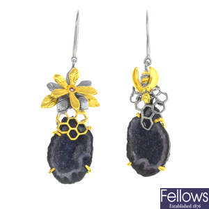 A pair of agate geode and gem-set bee and floral earrings.
