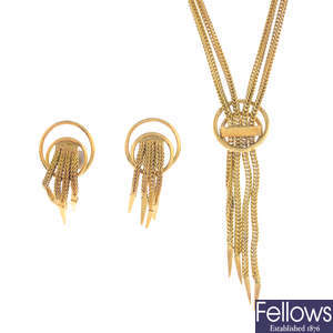 A 1970s 9ct gold necklace and matching earrings.