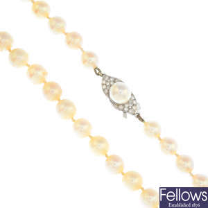 A cultured pearl single-strand necklace, with diamond clasp.