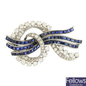 A mid 20th century sapphire and diamond brooch.