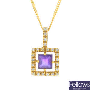 An 18ct gold amethyst and diamond pendant with 18ct gold chain.