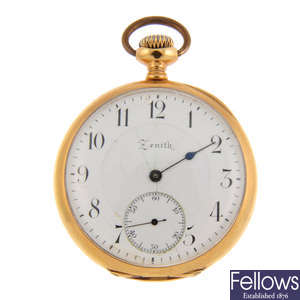 A yellow metal open face pocket watch by Zenith.