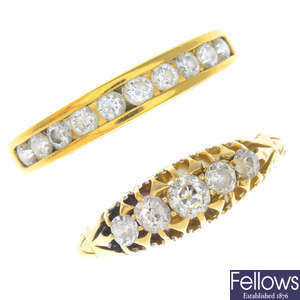 A late Victorian 18ct gold diamond five-stone ring and a diamond half eternity ring.