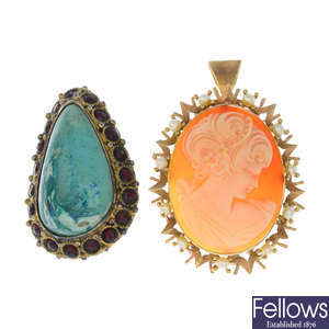 A 9ct gold shell cameo and cultured pearl pendant, and a paste and gem-set pendant.