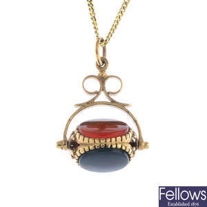 A 9ct gold gem-set swivel fob pendant, with 9ct gold chain.