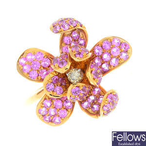 An 18ct gold pink sapphire and diamond flower ring.