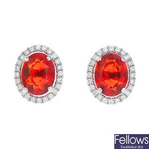 A pair of 18ct gold fire opal and diamond earrings.