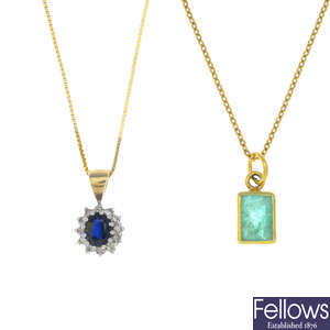 Two gem-set and diamond pendants, with two chains.