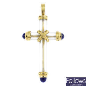 THEO FENNELL - an 18ct gold rock crystal and lapis lazuli cross pendant.