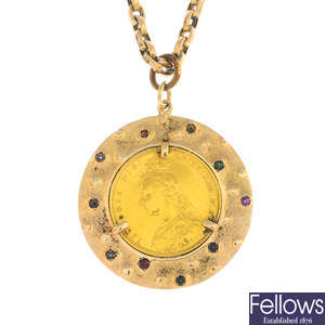 A late Victorian sovereign mounted pendant, with early 20th century chain.