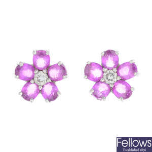 A pair of 18ct gold, pink sapphire and diamond cluster earrings.