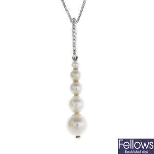 A cultured pearl and diamond pendant, with 9ct gold chain.