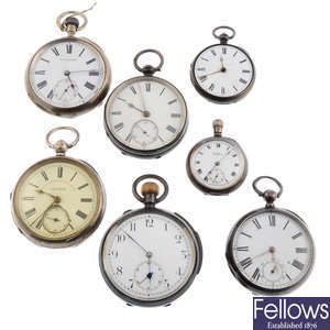 A group of eight assorted pocket watches.