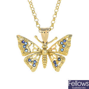 A 9ct gold sapphire butterfly pendant, with chain.