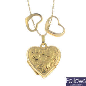 A pair of 9ct gold earrings, and a 9ct gold pendant with chain.