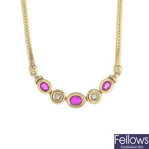 A 9ct gold ruby and diamond necklace.