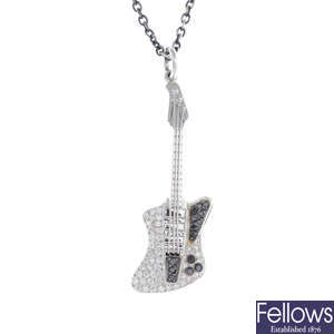A diamond and gem-set guitar pendant, with chain.