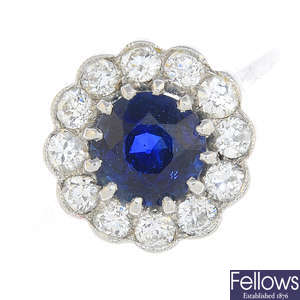 A Sri Lankan sapphire and diamond cluster ring.