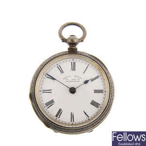 A white metal open face pocket watch by F.Ryley with two pocket watches.