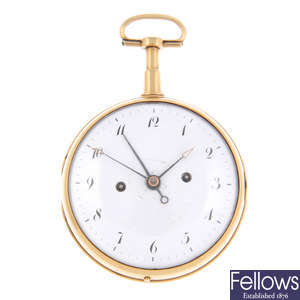 A yellow metal open face quarter repeater alarm pocket watch by Bourquin.