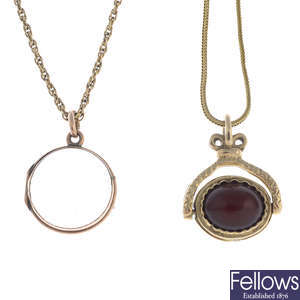 Two gem-set pendants, with chains.