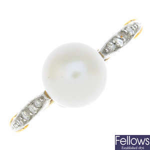 An early 20th century 18ct gold pearl and diamond ring.