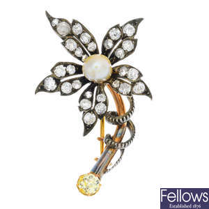 A late Victorian natural pearl, diamond and coloured diamond floral brooch.