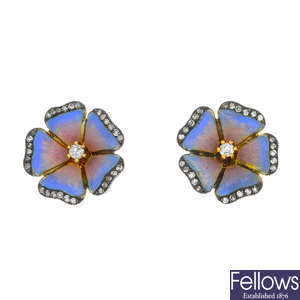 MOIRA - a pair of diamond and enamel floral earrings.