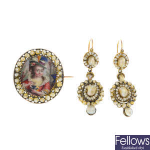 A selection of late 19th century gold pearl, seed pearl and enamel jewellery.