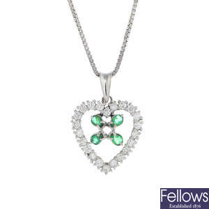 A diamond and emerald heart pendant, with chain.