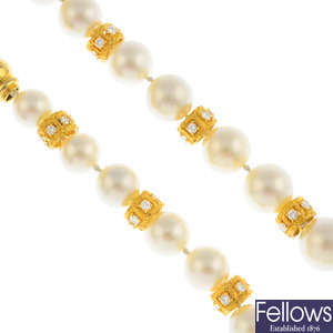WEMPE - an 18ct gold cultured pearl and diamond necklace.