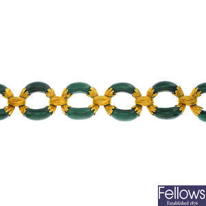 MELLERIO - a mid 20th century 18ct gold malachite bracelet.